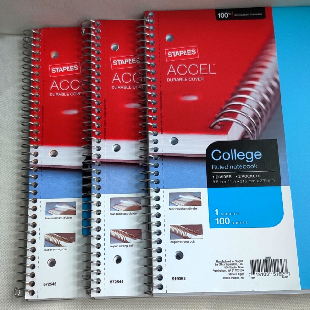 College Ruled Notebooks 1 Subject 100 Sheets with 2 Pockets, Bundle of 3